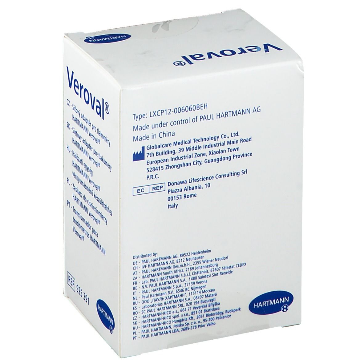 Emballage Veroval. Texte: Veroval, Hartmann. Contient des informations sur le fabricant et la distribution.