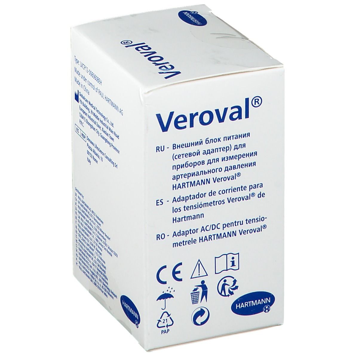 Emballage Veroval. Texte: Veroval, Hartmann. Contient des informations en russe et en espagnol. Avec marquage CE.