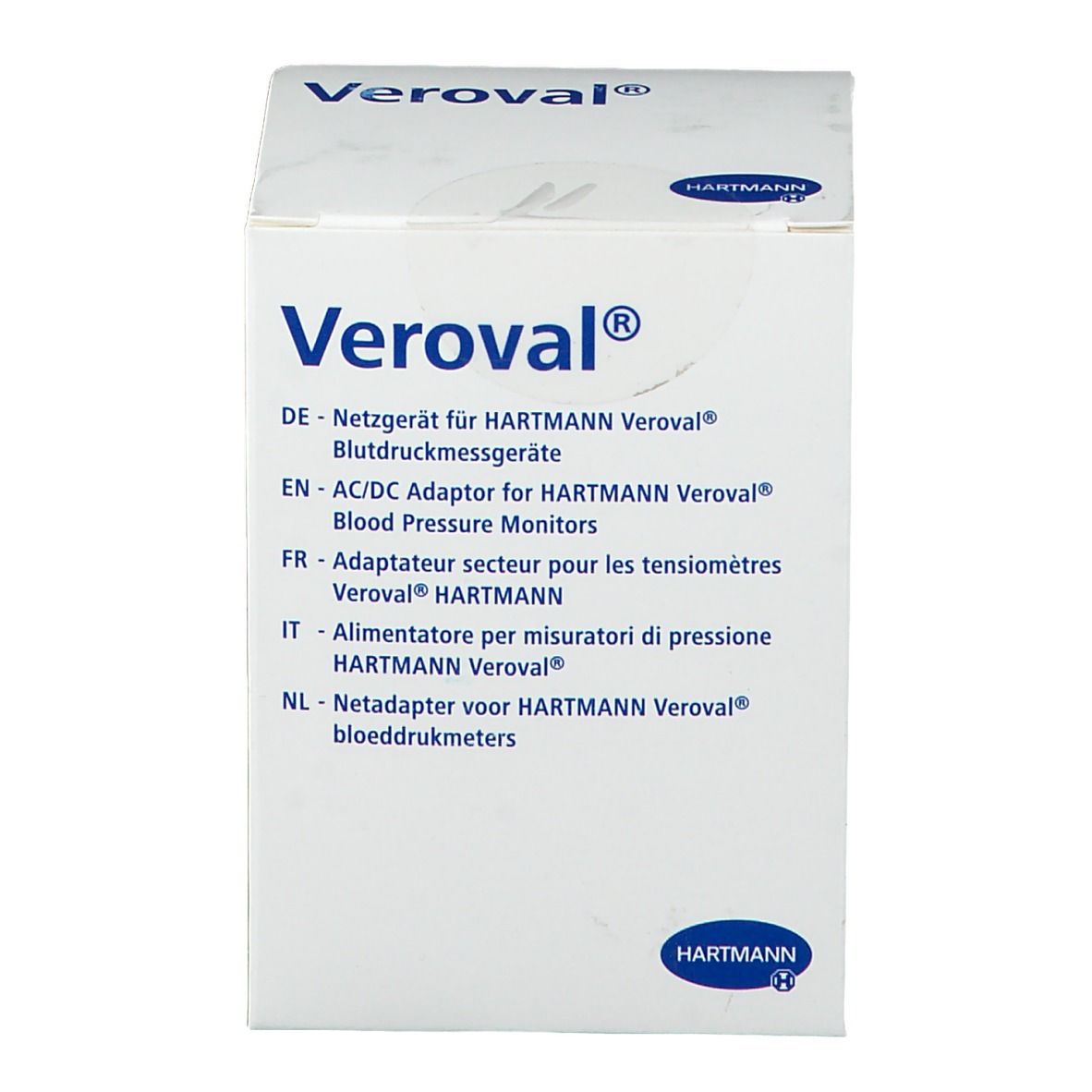 Emballage Veroval. Texte: Veroval, Hartmann. Contient des informations en allemand, anglais, français, italien et néerlandais.