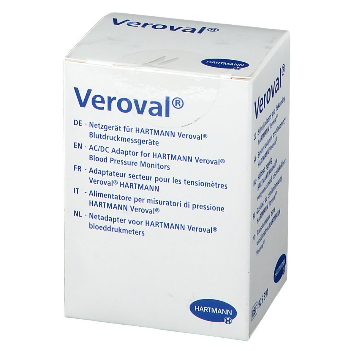 Emballage Veroval. Texte: Veroval, Hartmann. Contient des informations en allemand, anglais, français, italien et néerlandais.