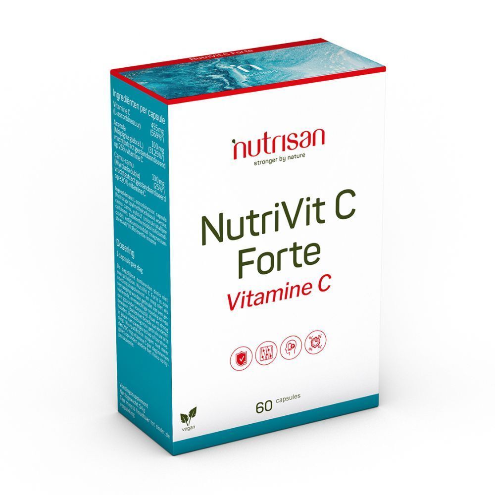 Boîte blanche Nutrisan Nutrivit C Forte. Contient 60 capsules. Inscription : Vitamine C. Logo : Nutrisan.