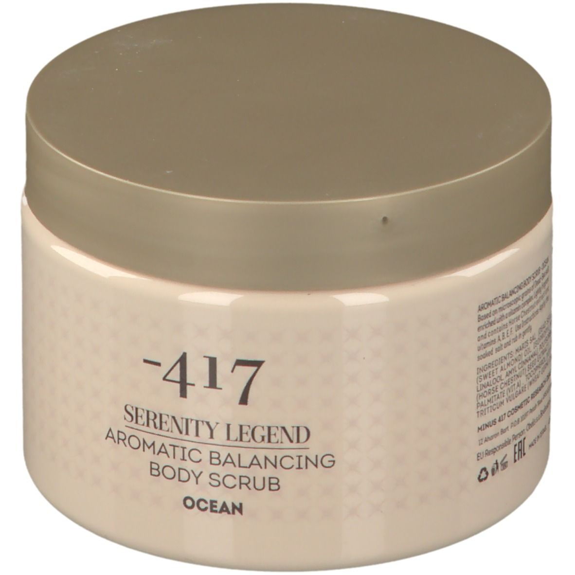 Pot beige avec couvercle. Inscription : -417 Serenity Legend Aromatic Balancing Body Scrub Ocean.
