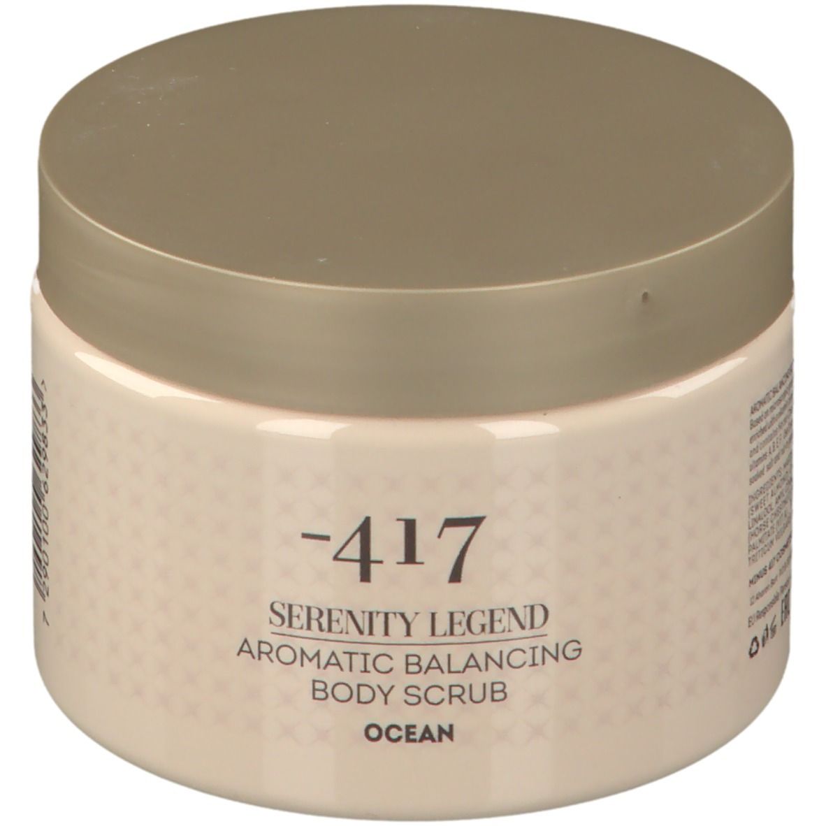 Pot beige avec couvercle. Inscription : -417 Serenity Legend Aromatic Balancing Body Scrub Ocean.