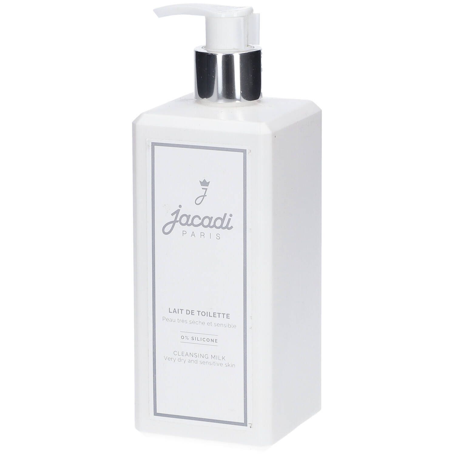 Flacon blanc avec pompe argentée. Inscriptions: jacadi PARIS, LAIT DE TOILETTE, 0% SILICONE, CLEANSING MILK.