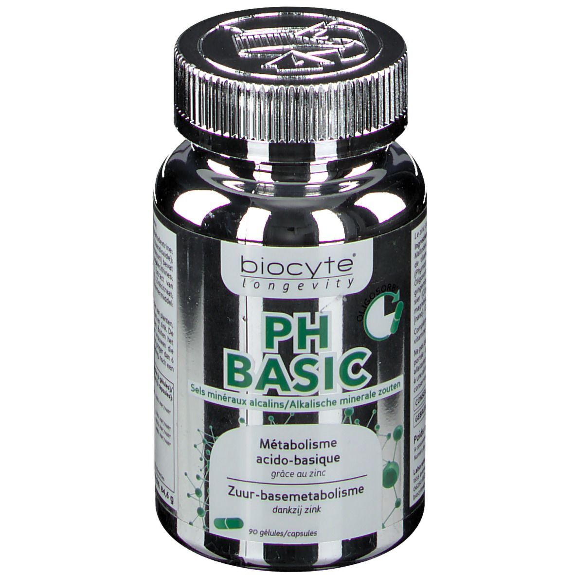Flacon noir avec bouchon argenté. Inscription Biocyte pH Basic. Contient des minéraux. 90 gélules.