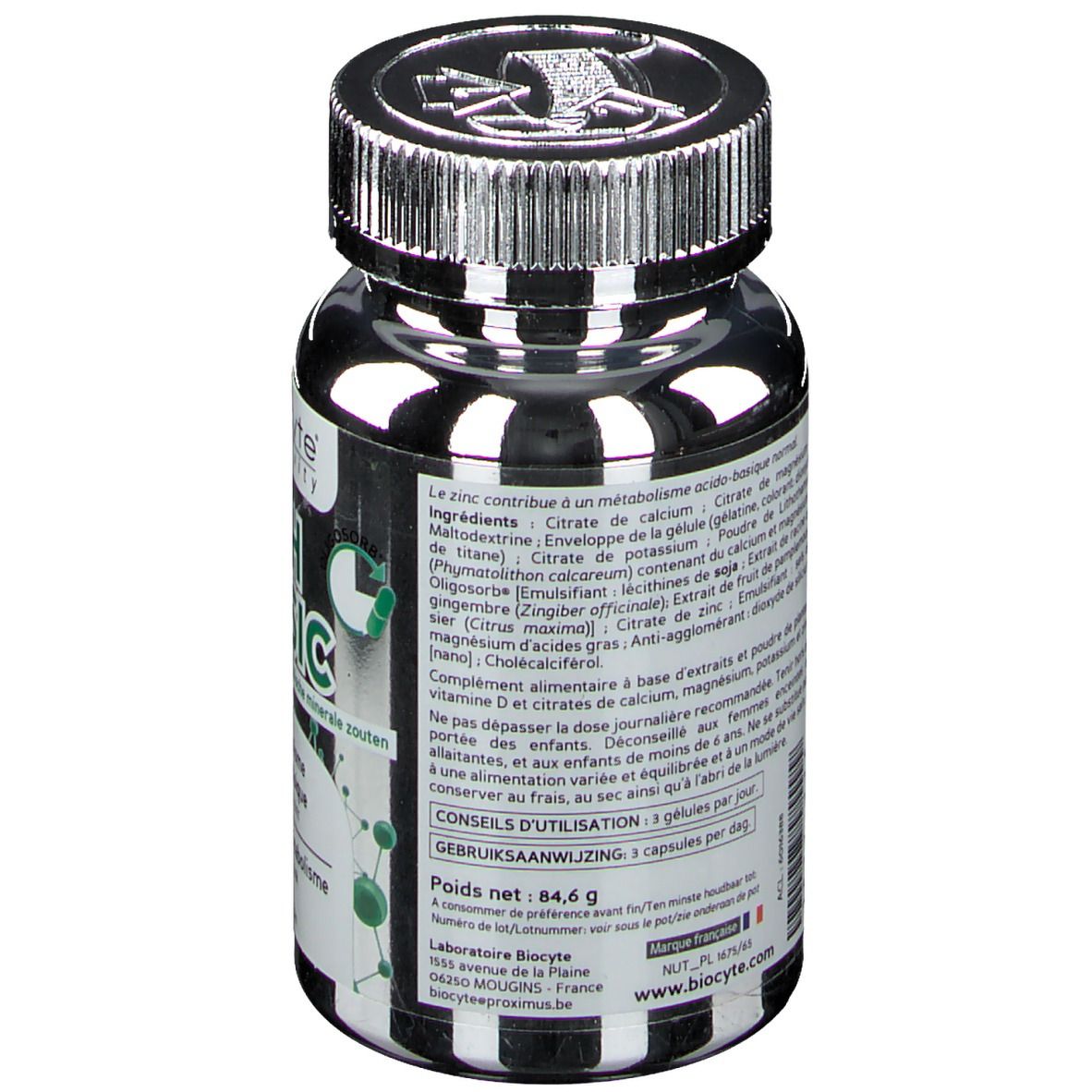 Dos du flacon. Contient ingrédients et mode d'emploi. Marque Biocyte. Poids net : 84,6 g.