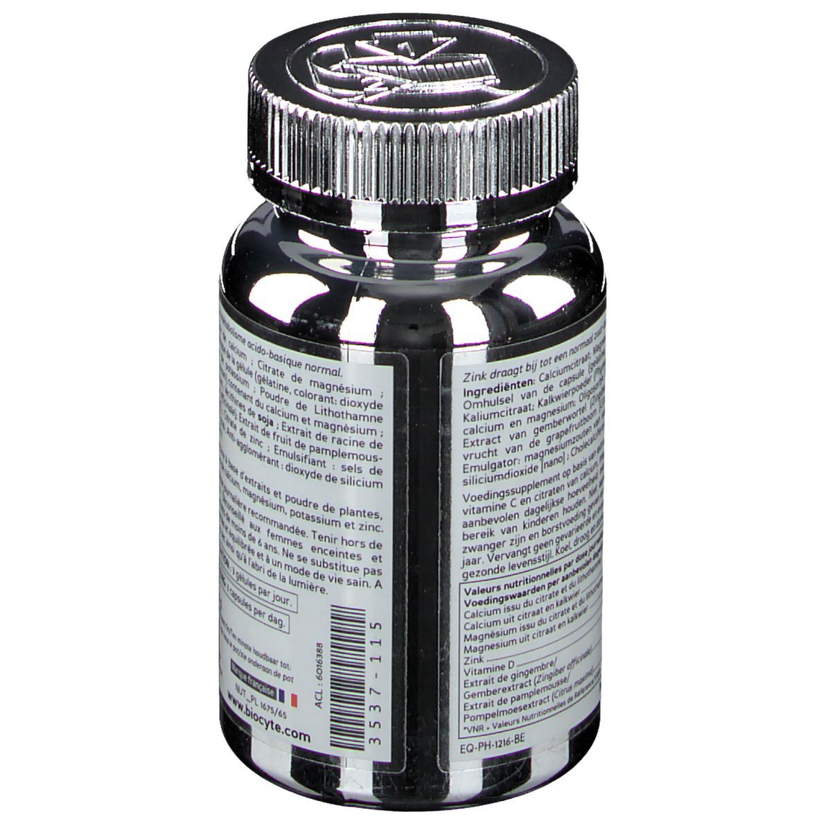 Vue arrière du flacon. Contient ingrédients et informations nutritionnelles. Marque Biocyte.