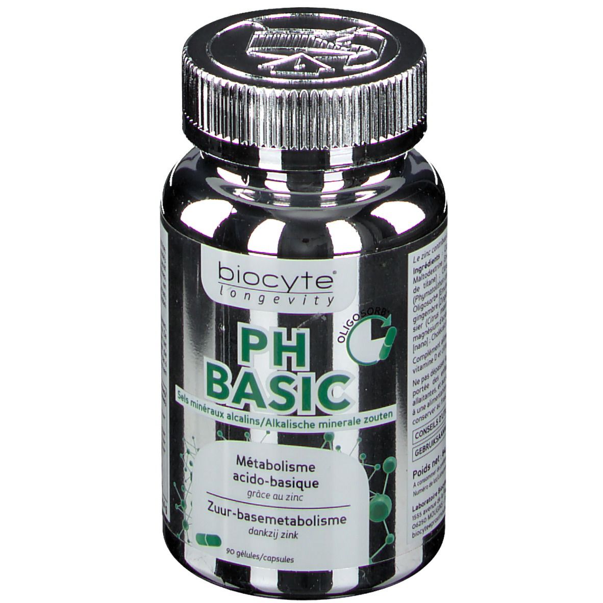 Flacon noir avec bouchon argenté. Inscription Biocyte pH Basic. Contient des minéraux. 90 gélules.
