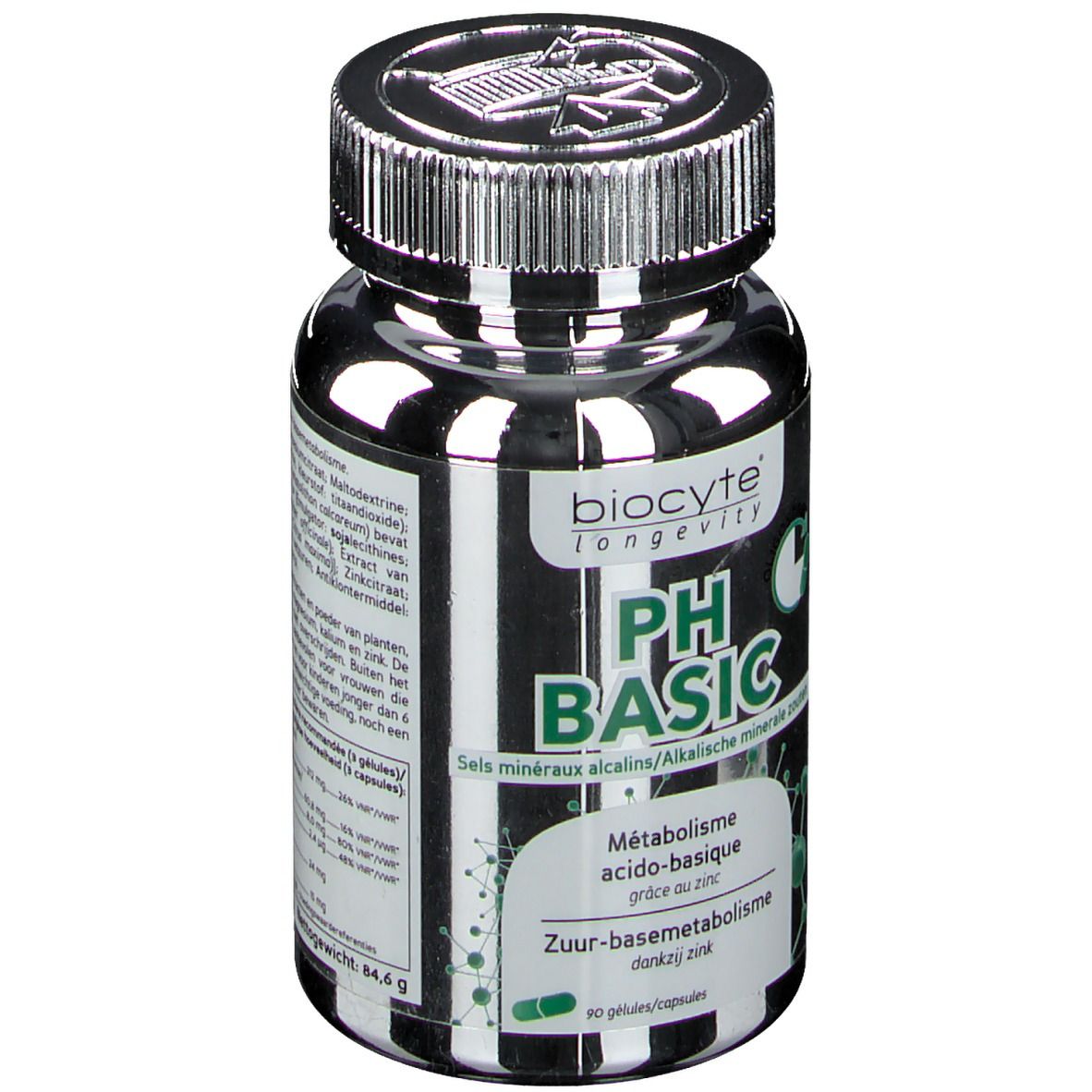 Flacon noir avec bouchon argenté. Inscription Biocyte pH Basic. Contient des minéraux. 90 gélules.