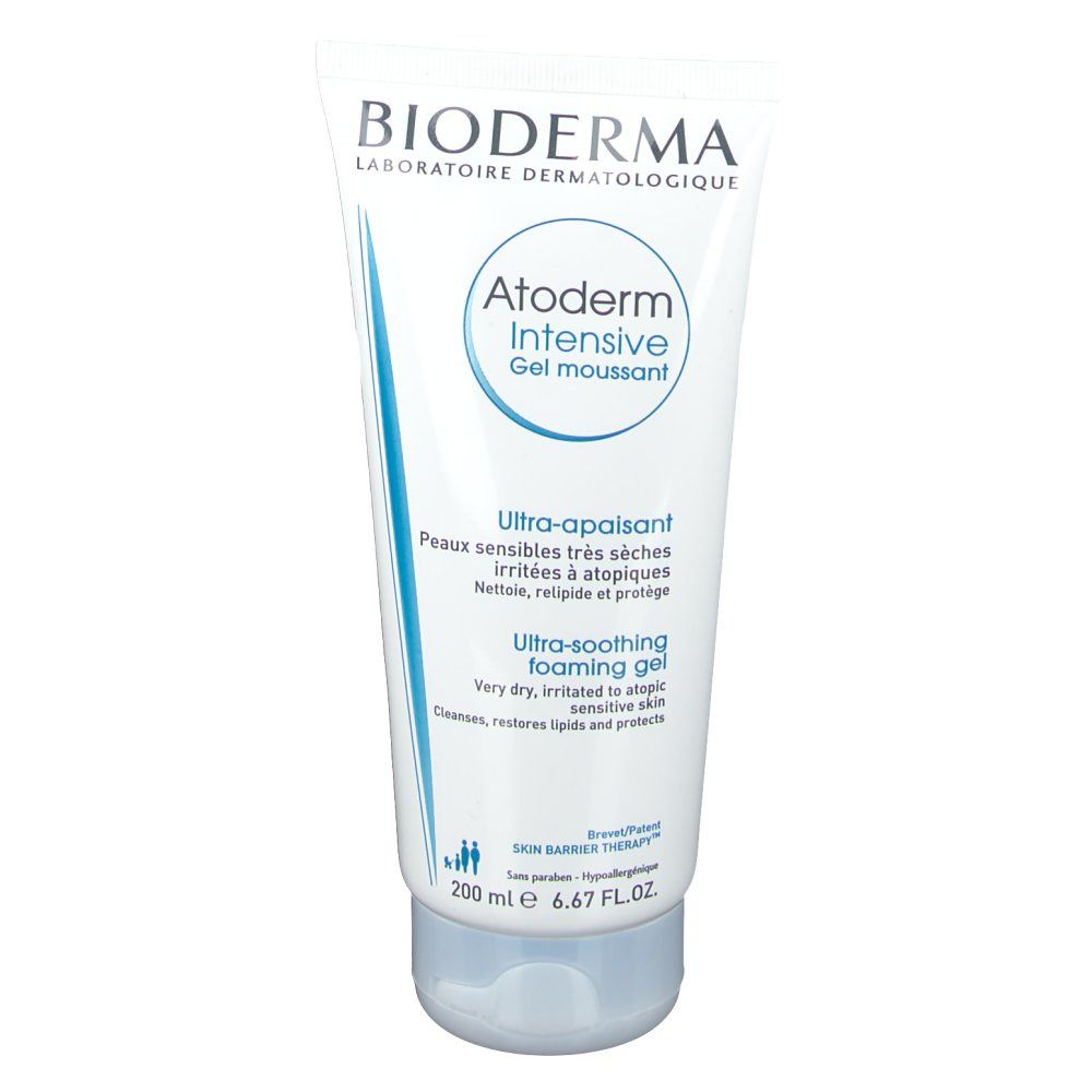 Tube blanc à bouchon bleu. Inscription: BIODERMA, Atoderm Intensive Gel moussant. Texte en français et en anglais.