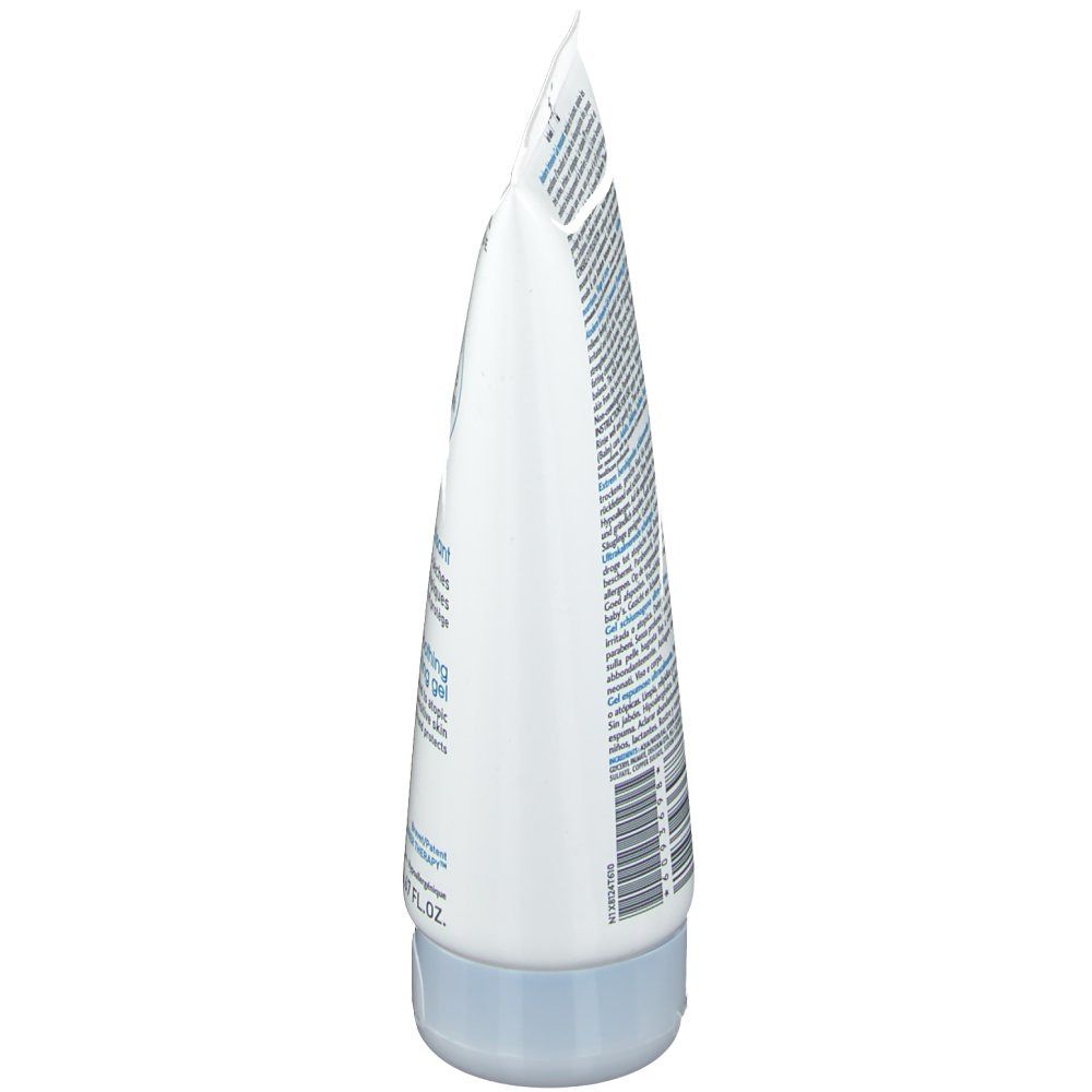 Tube blanc, vue latérale. Bandes bleues et texte. Bouchon bleu. Inscription: BIODERMA, Atoderm Intensive Gel moussant.