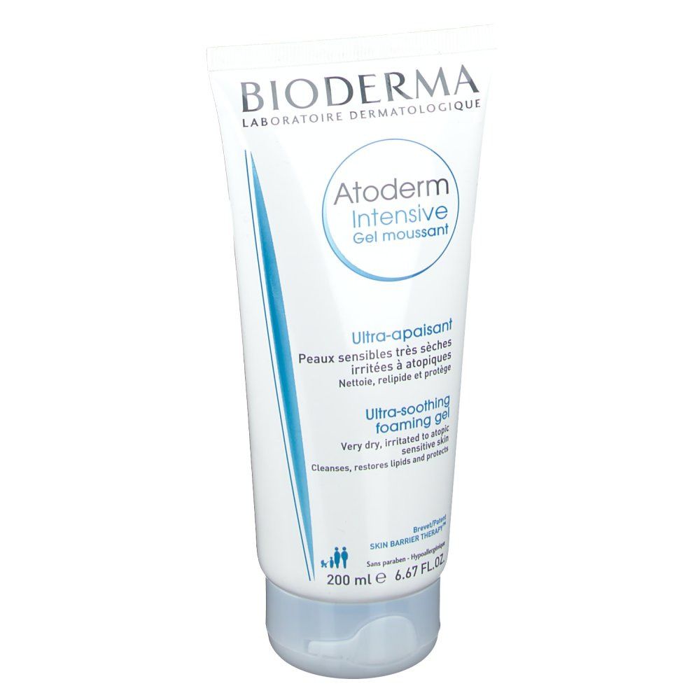 Tube blanc à bouchon bleu. Inscription: BIODERMA, Atoderm Intensive Gel moussant. Texte en français et en anglais.