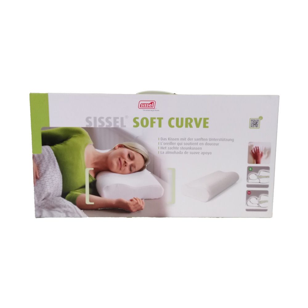 Emballage du coussin Sissel Soft Curve. Femme allongée sur le coussin. Image du produit et texte: Sissel Soft Curve.
