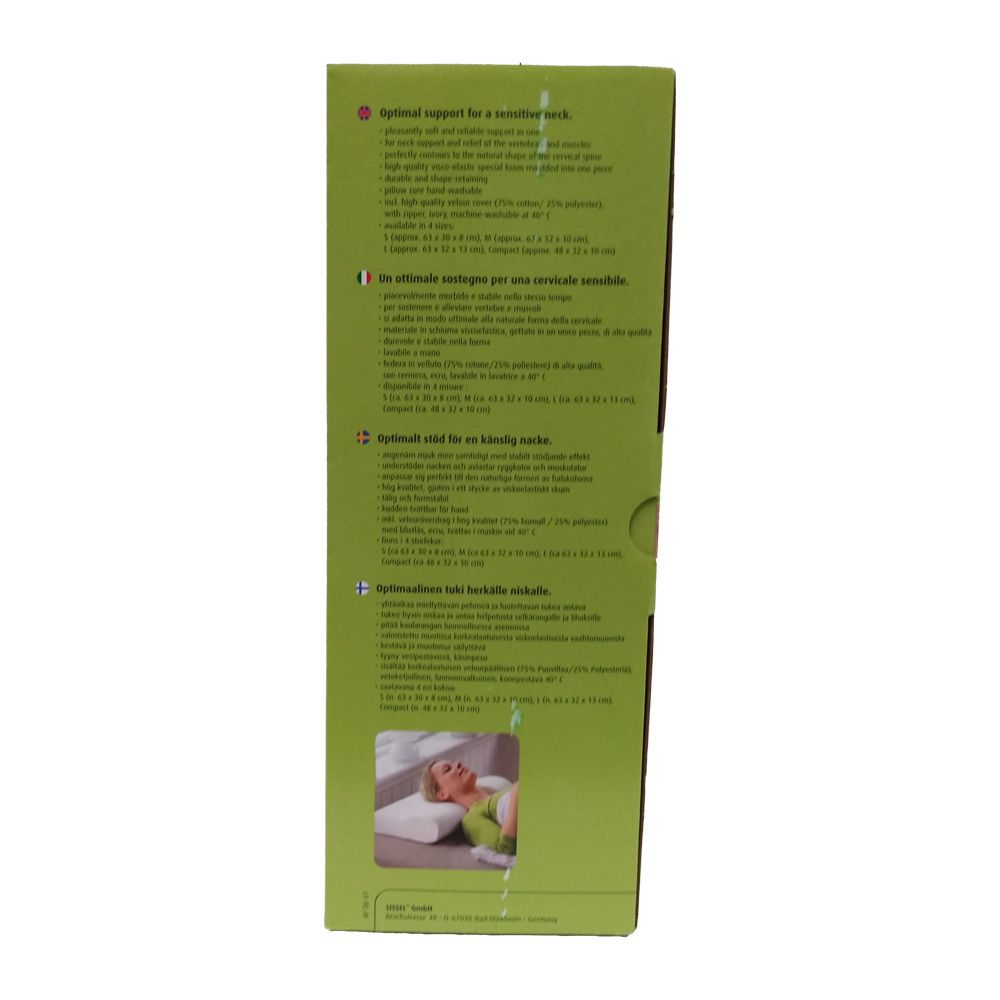 Emballage, côté vert avec texte et image du produit. Texte en allemand, anglais, italien et néerlandais.