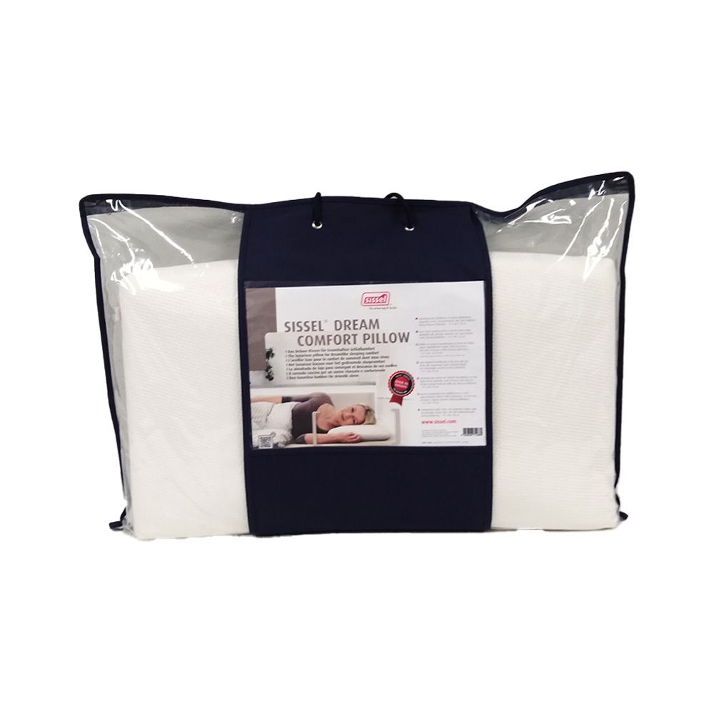 Oreiller dans un emballage. Inscription: Sissel Dream Comfort Pillow. Image du produit et texte sur l'étiquette. Sac noir avec poignée.