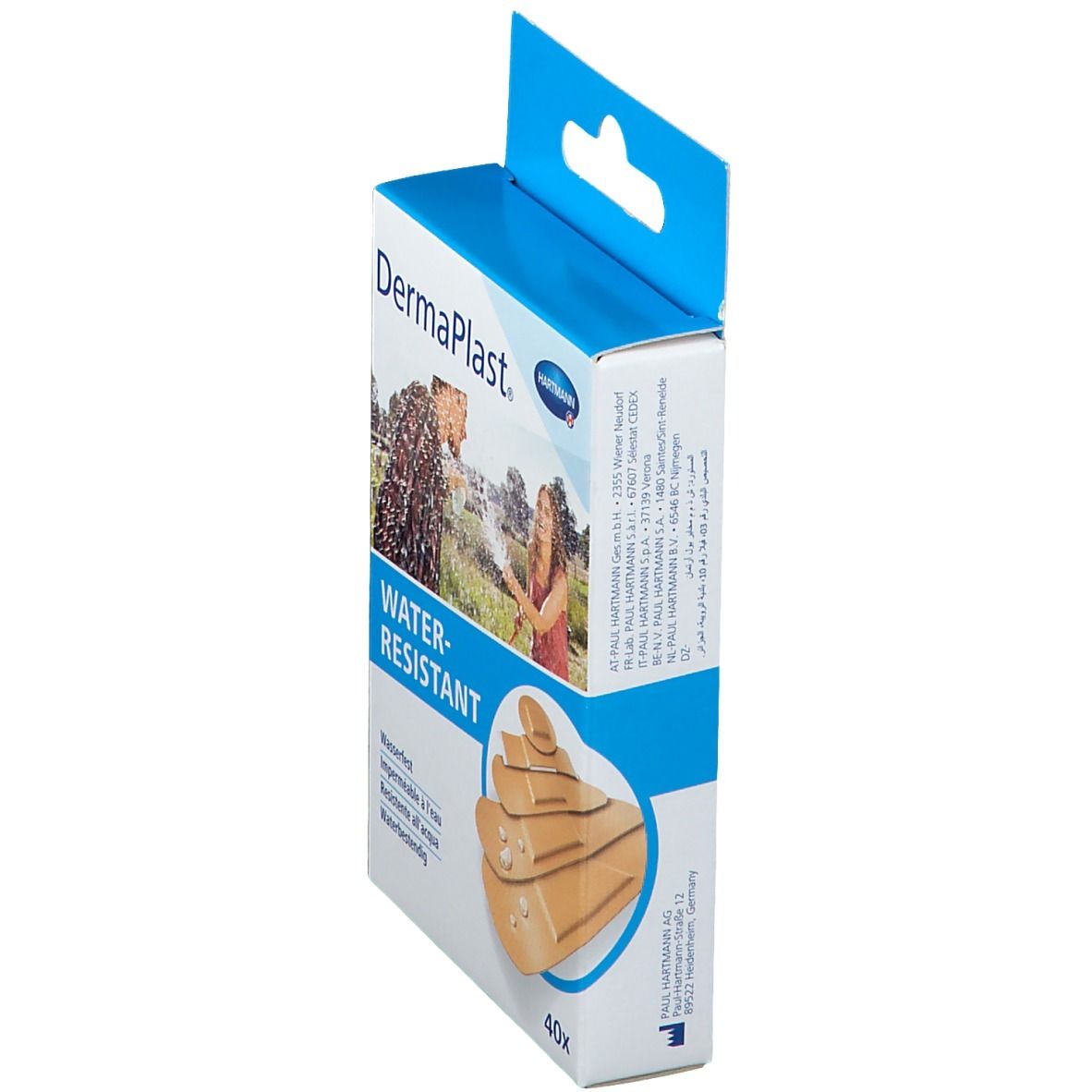 Vue latérale de la boîte de pansements DermaPlast Water-Resistant. Logo Hartmann. Image de personnes avec de l'eau.