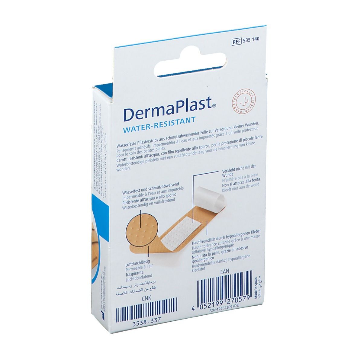 Dos de la boîte de pansements DermaPlast Water-Resistant. Description et image de pansements. Logo Hartmann.