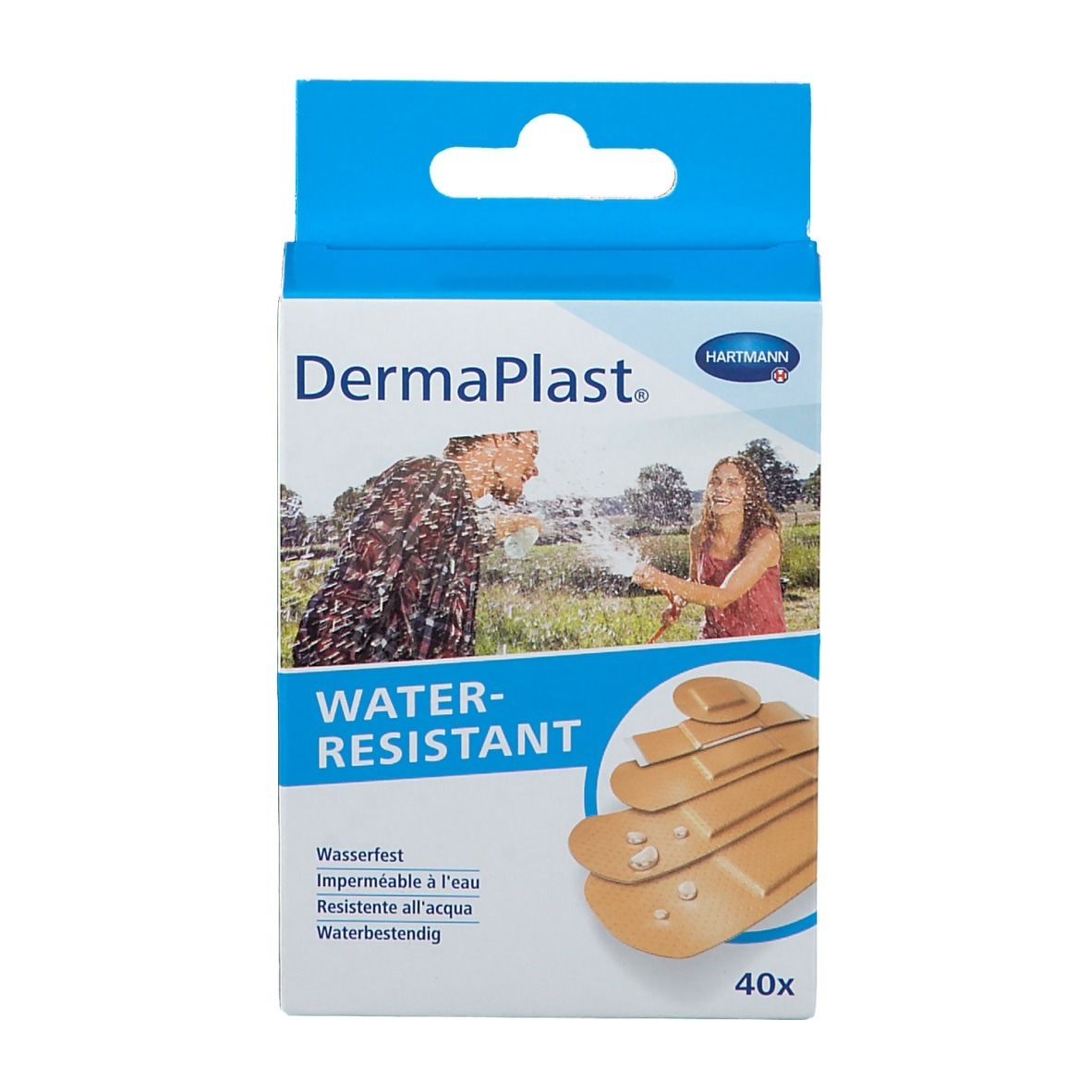 Boîte de pansements DermaPlast Water-Resistant. Contient 40 pansements. Image de personnes jouant avec de l'eau. Logo Hartmann.