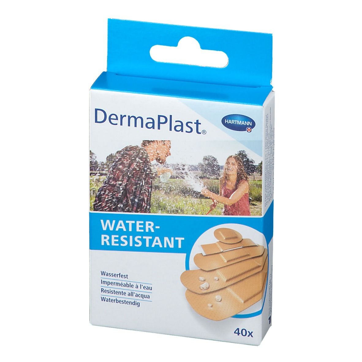 Boîte de pansements DermaPlast Water-Resistant. Contient 40 pansements. Image de personnes jouant avec de l'eau. Logo Hartmann.