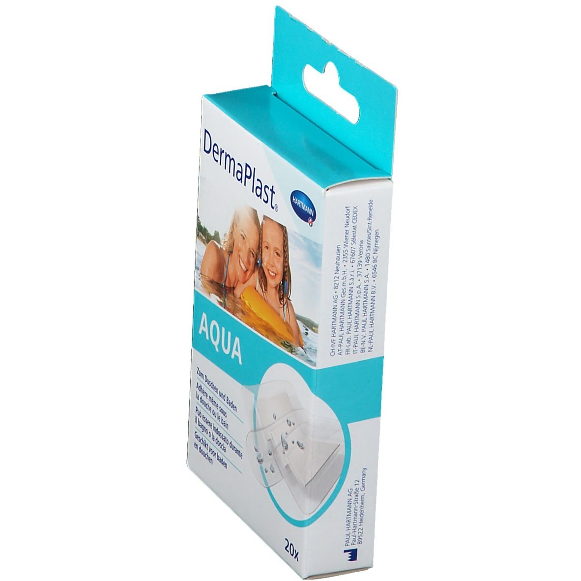 Vue latérale de l'emballage DermaPlast® AQUA. Deux femmes dans l'eau sur le devant. Contient 20 pansements.