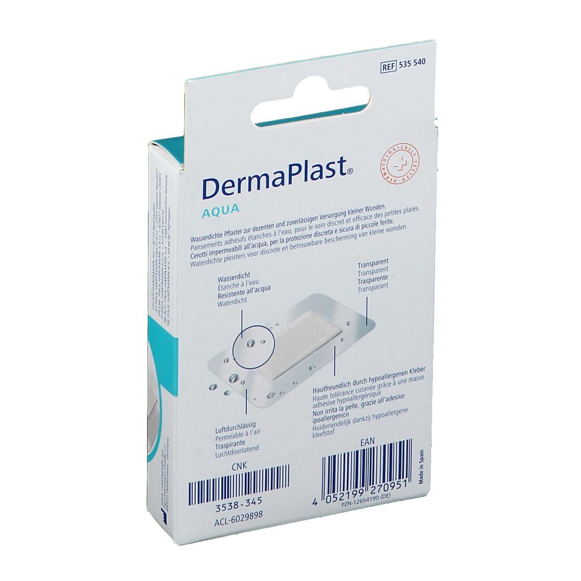 Dos de l'emballage DermaPlast® AQUA. Illustration du produit et informations. Contient 20 pansements.