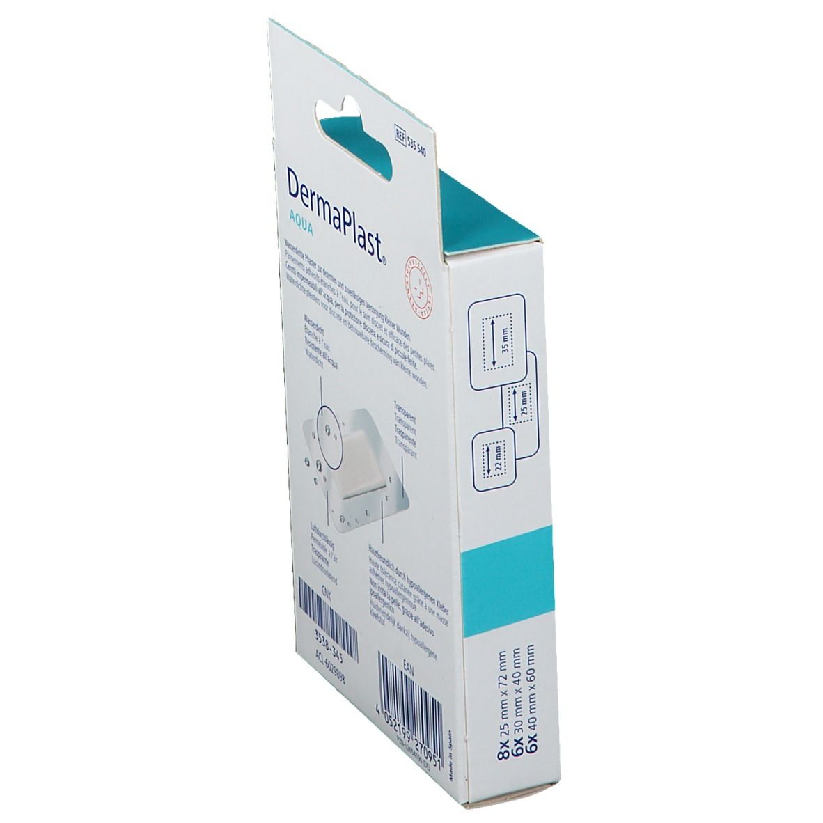 Vue latérale de l'emballage DermaPlast® AQUA. Dimensions des pansements. Contient 20 pansements.