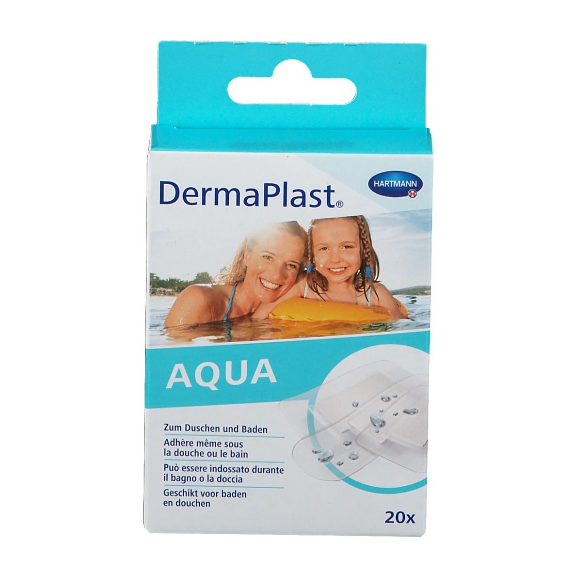 Vue de face de l'emballage DermaPlast® AQUA. Deux femmes dans l'eau. Contient 20 pansements.