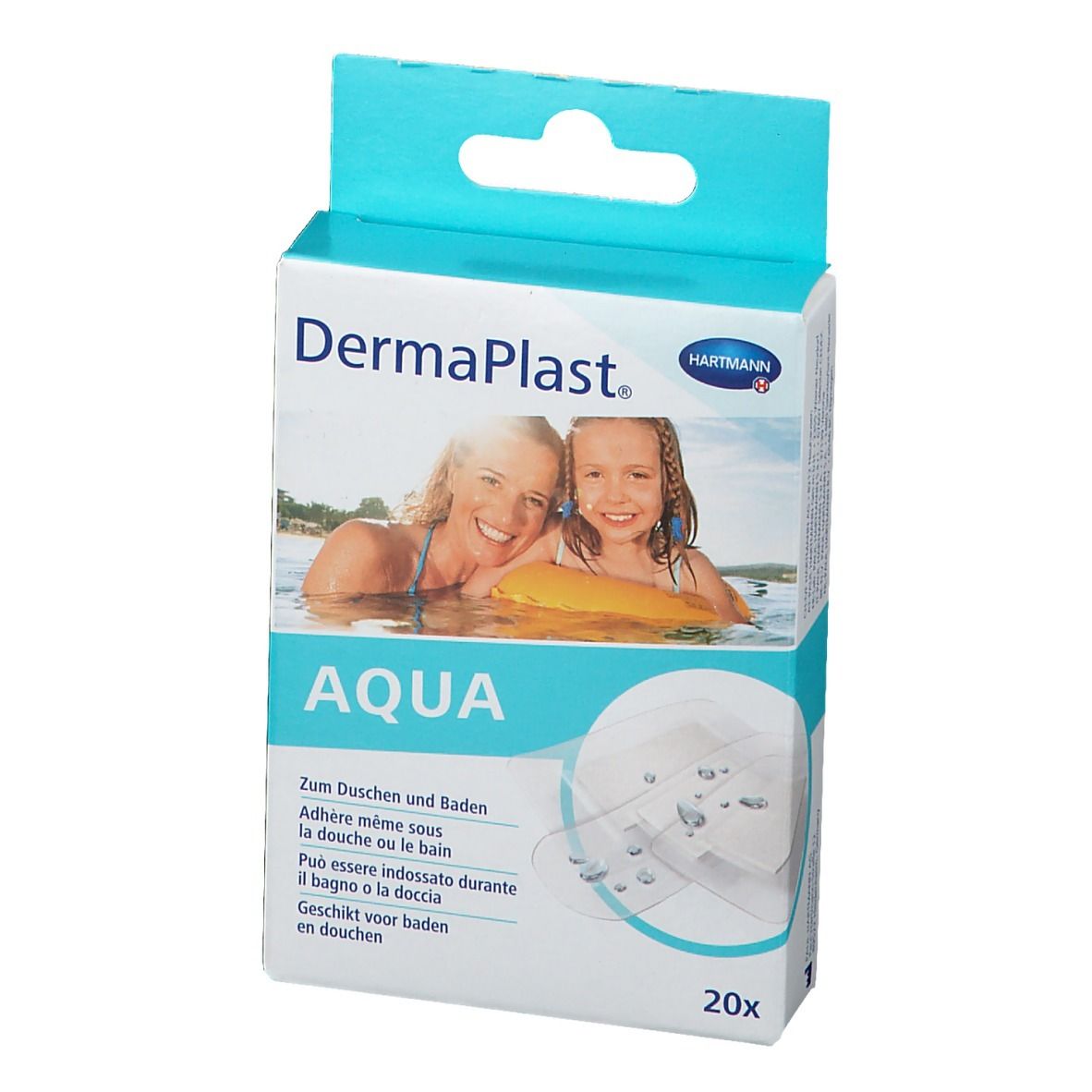 Vue de face de l'emballage DermaPlast® AQUA. Deux femmes dans l'eau. Contient 20 pansements.