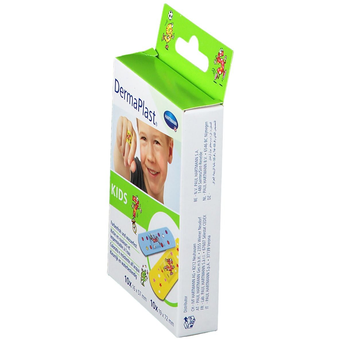 Vue latérale de la boîte Hartmann Dermaplast Kids. Pansements colorés. Marque et nom du produit visibles.