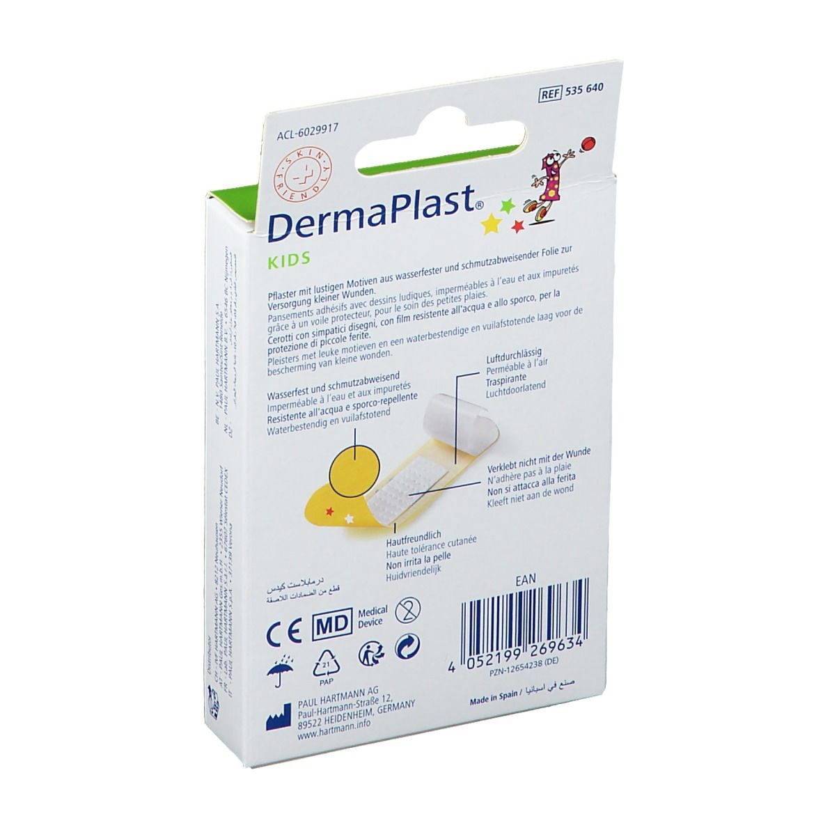 Dos de la boîte Hartmann Dermaplast Kids. Informations sur les pansements résistants à l'eau, marquage CE et fabricant.