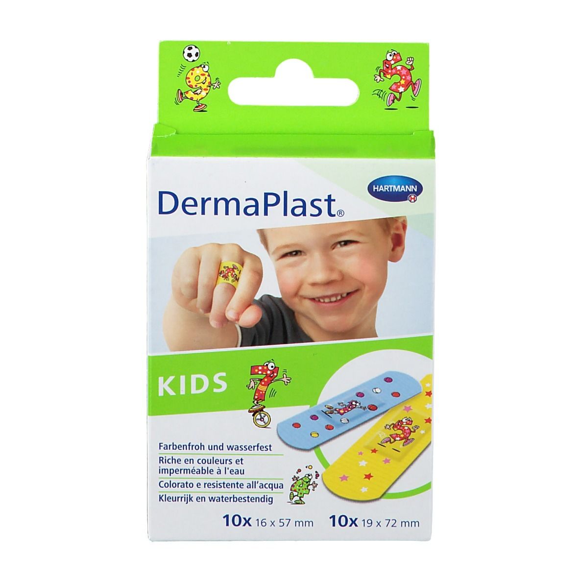 Boîte Hartmann Dermaplast Kids. Pansements colorés pour enfants. 10 de 16 x 57 mm et 10 de 19 x 72 mm.
