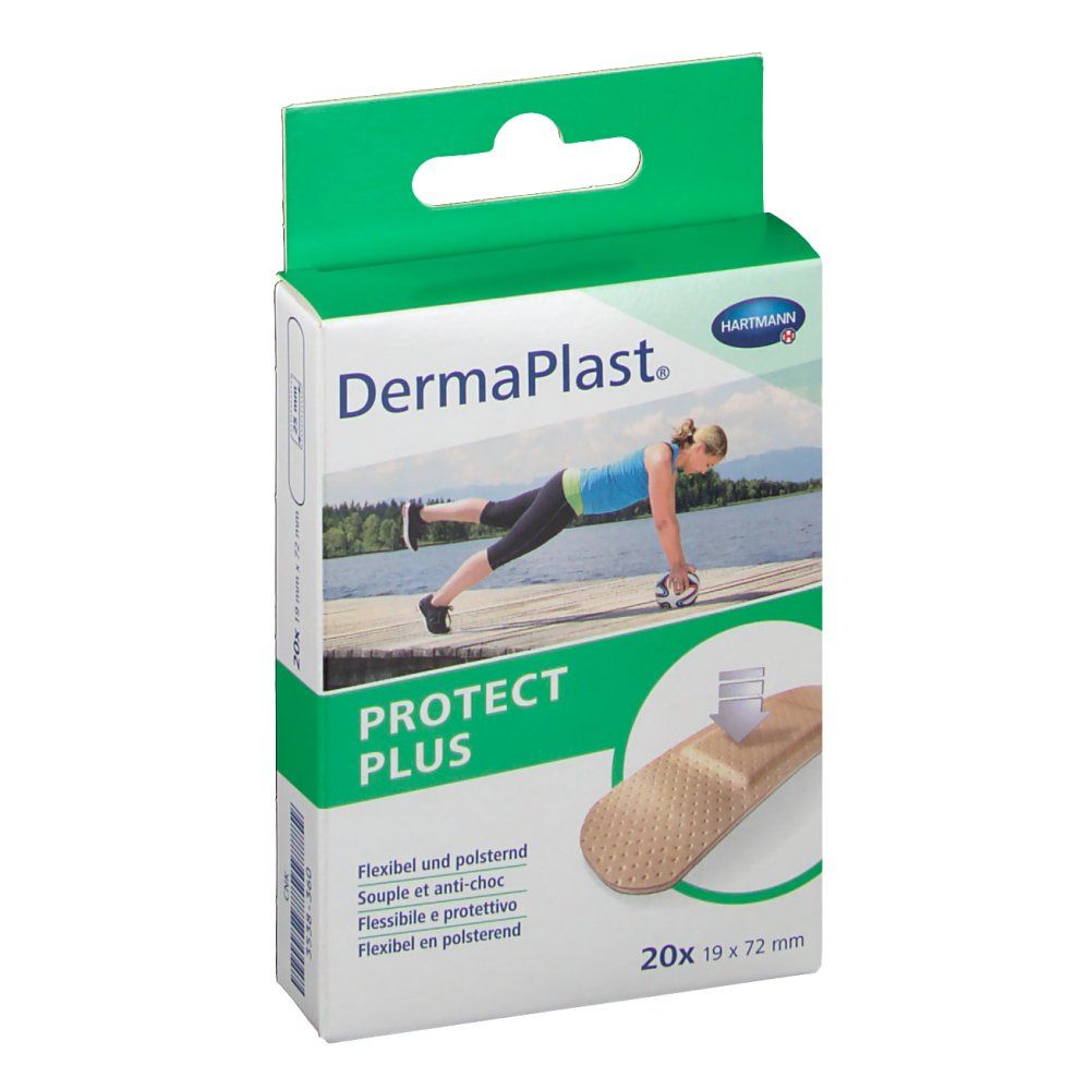 Emballage DermaPlast® PROTECT PLUS. Pansements flexibles, 19 mm x 72 mm. Illustration d'une femme faisant du sport.