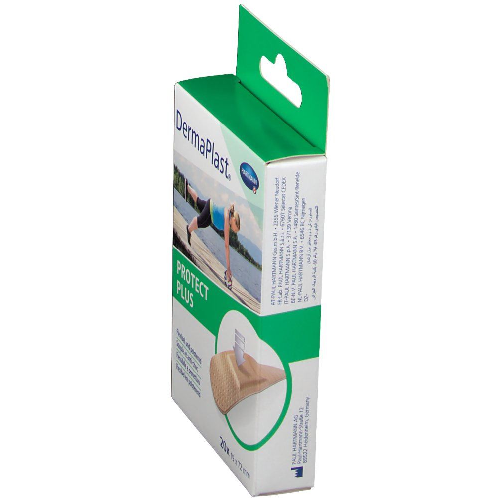Vue latérale de l'emballage DermaPlast® PROTECT PLUS. Pansements flexibles, 19 mm x 72 mm. Avec dispositif de suspension.