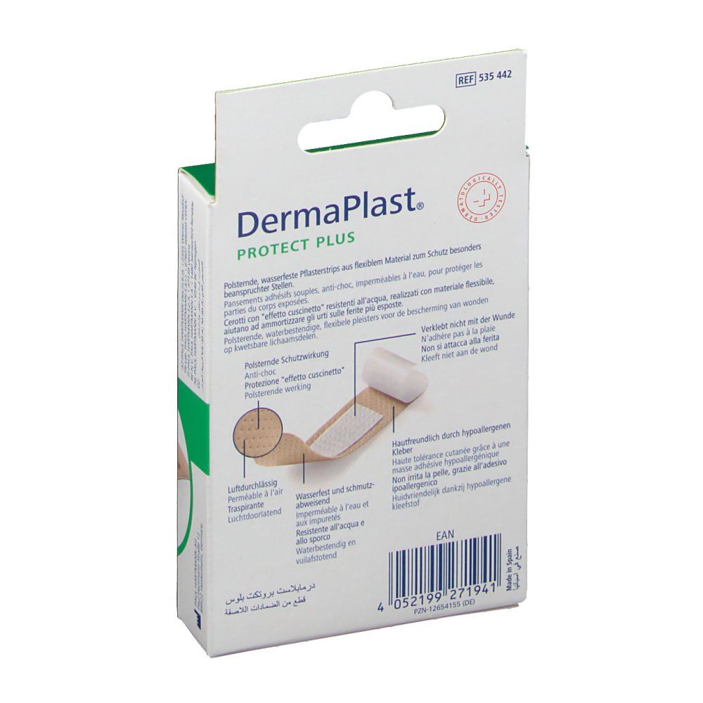 Dos de l'emballage DermaPlast® PROTECT PLUS. Pansements flexibles. Informations sur le produit et certification.