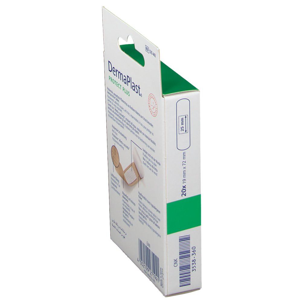 Vue latérale de l'emballage DermaPlast® PROTECT PLUS. Pansements flexibles, 19 mm x 72 mm. Avec dispositif de suspension.