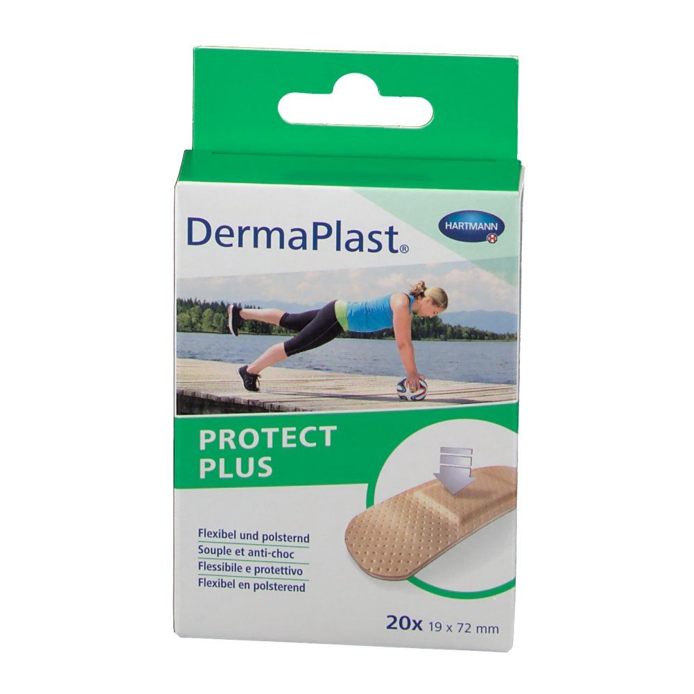 Emballage DermaPlast® PROTECT PLUS. Pansements flexibles, 19 mm x 72 mm. Illustration d'une femme faisant du sport.