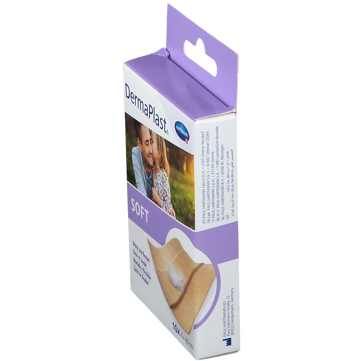 Vue latérale de la boîte de pansements DermaPlast® SOFT. Marque Hartmann visible. 10 pansements, 6 x 10 cm.