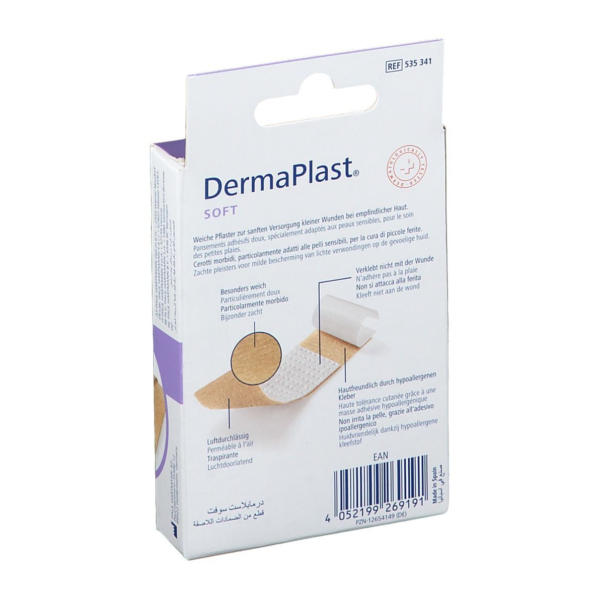 Dos de la boîte de pansements DermaPlast® SOFT. Informations produit et marque Hartmann. 10 pansements, 6 x 10 cm.