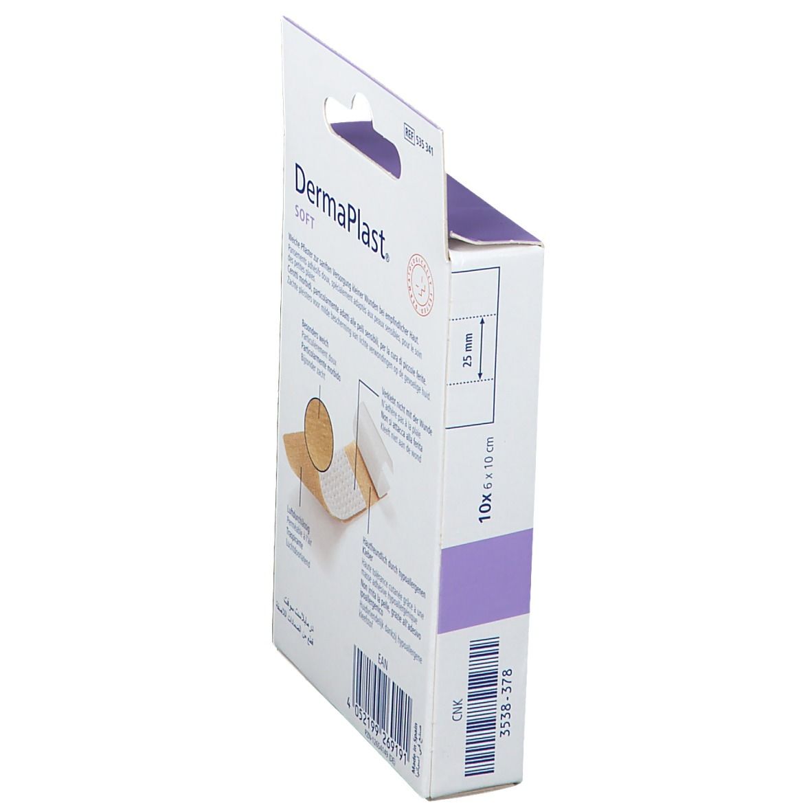 Vue latérale de la boîte de pansements DermaPlast® SOFT. Marque Hartmann et informations produit. 10 pansements, 6 x 10 cm.