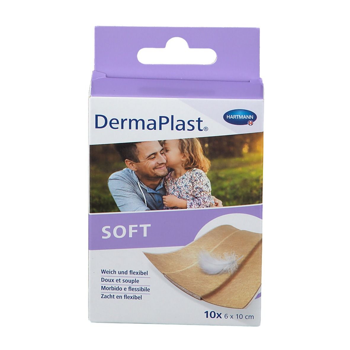 Boîte de pansements DermaPlast® SOFT. Le produit et la marque Hartmann sont visibles. 10 pansements, 6 x 10 cm.