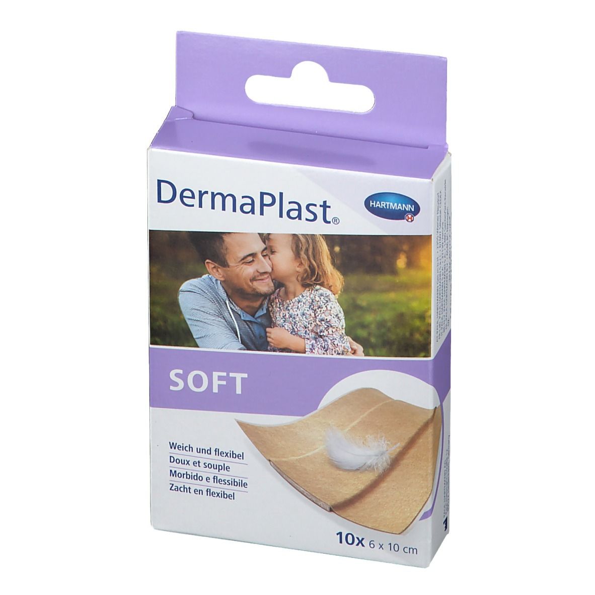 Boîte de pansements DermaPlast® SOFT. Le produit et la marque Hartmann sont visibles. 10 pansements, 6 x 10 cm.