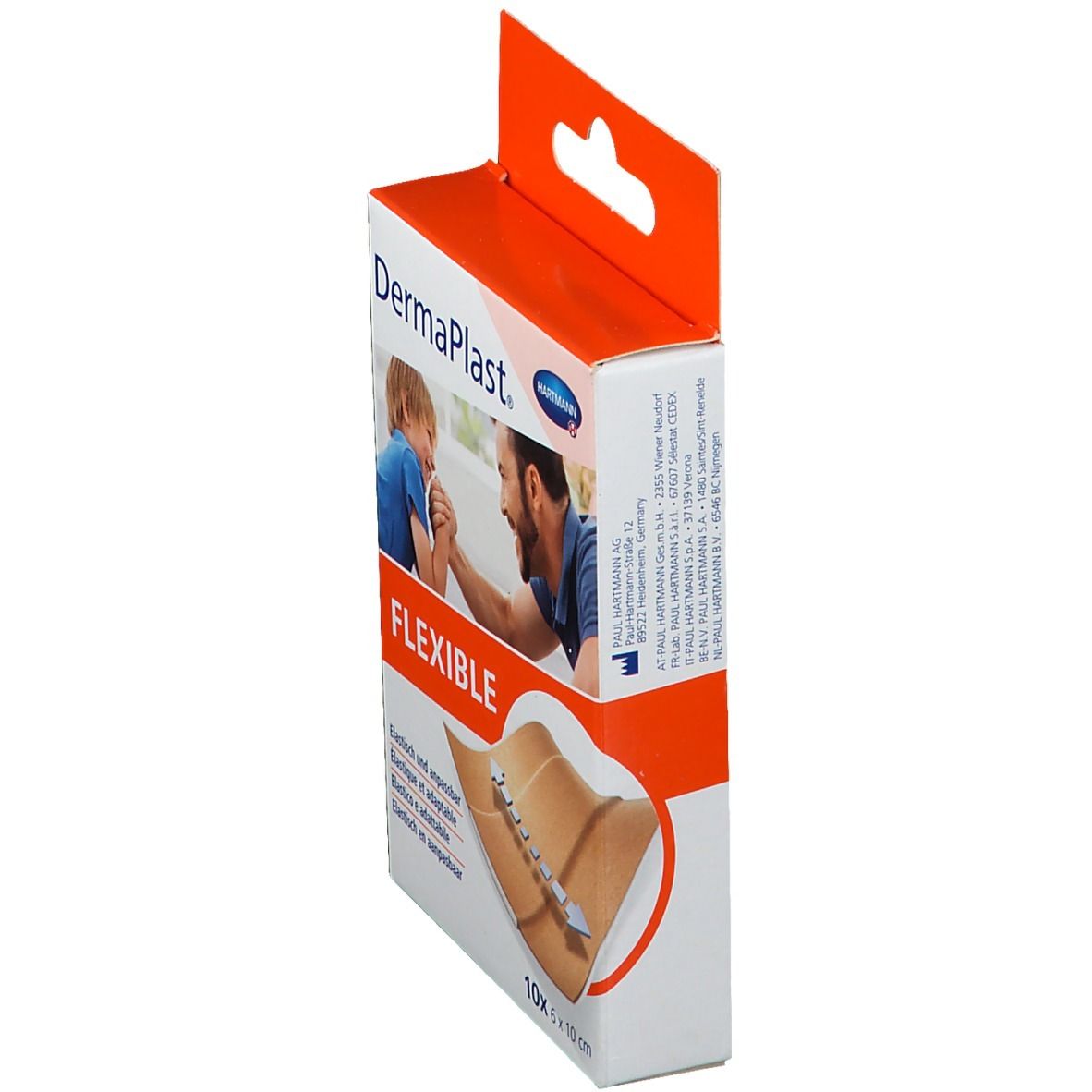 Vue latérale de la boîte de pansements DermaPlast® FLEXIBLE. Design orange et blanc avec image du produit et logo. Contient 10 unités.