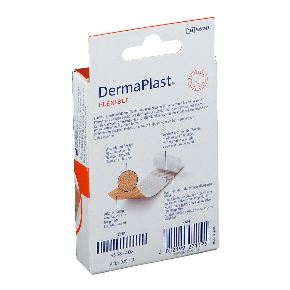 Dos de la boîte de pansements DermaPlast® FLEXIBLE. Informations sur le produit, illustrations et dimensions. Contient 10 unités de 6 x 10 cm.