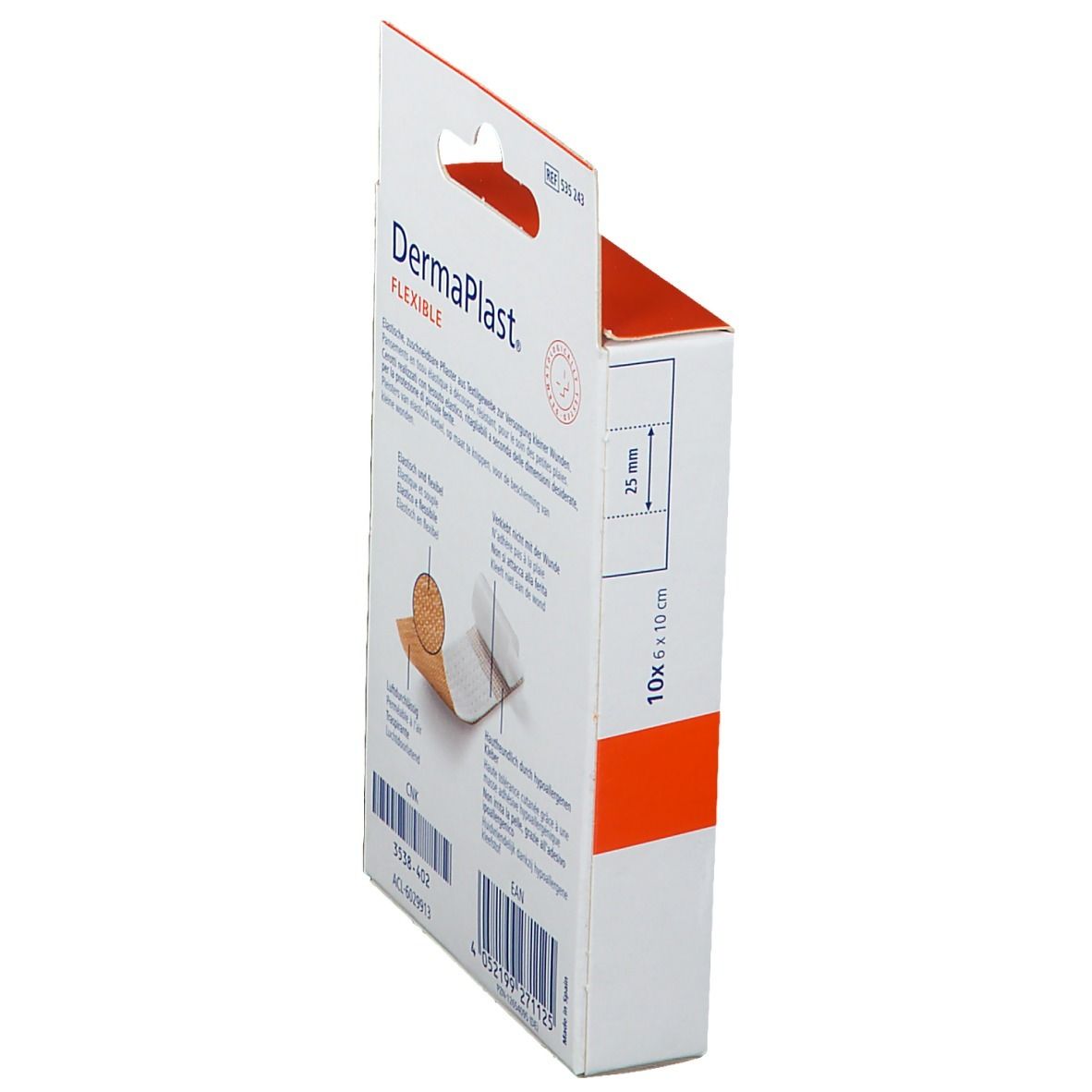 Vue latérale de la boîte de pansements DermaPlast® FLEXIBLE. Informations sur le produit et dimensions. Contient 10 unités de 6 x 10 cm.
