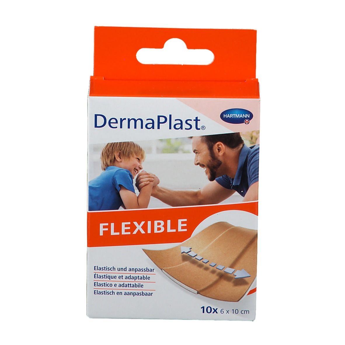 Boîte de pansements DermaPlast® FLEXIBLE. Contient 10 unités de 6 x 10 cm. Design orange et blanc avec image du produit et logo.