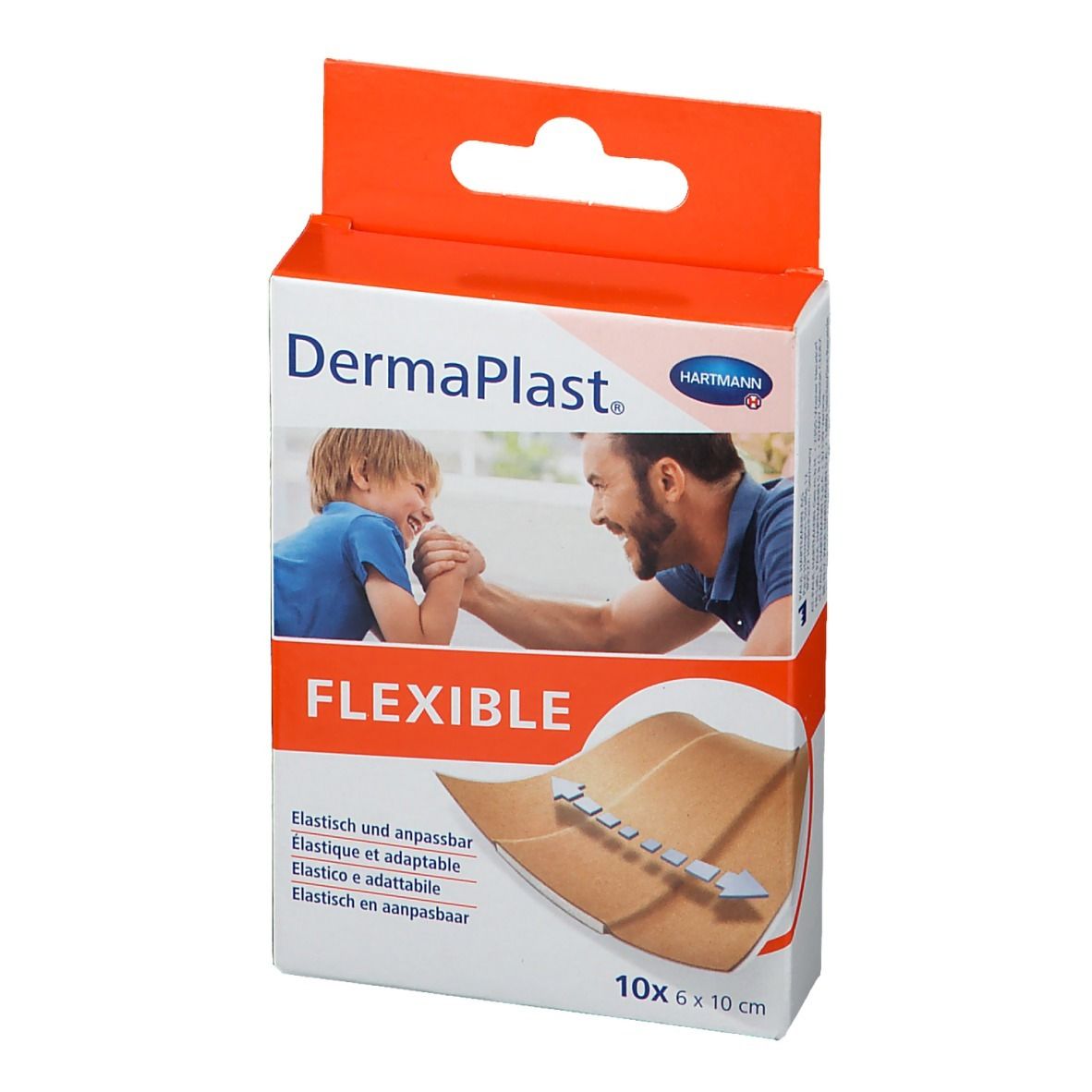 Boîte de pansements DermaPlast® FLEXIBLE. Contient 10 unités de 6 x 10 cm. Design orange et blanc avec image du produit et logo.