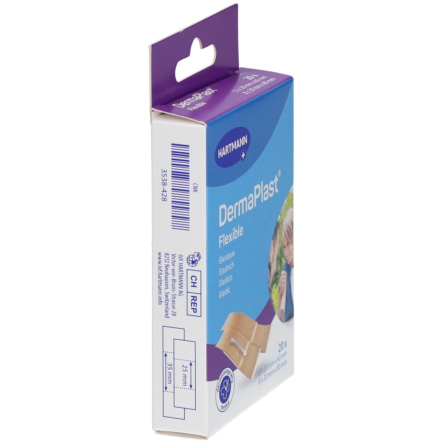 Vue latérale de la boîte de pansements DermaPlast® Flexible. Code-barres, dimensions, marque Hartmann.