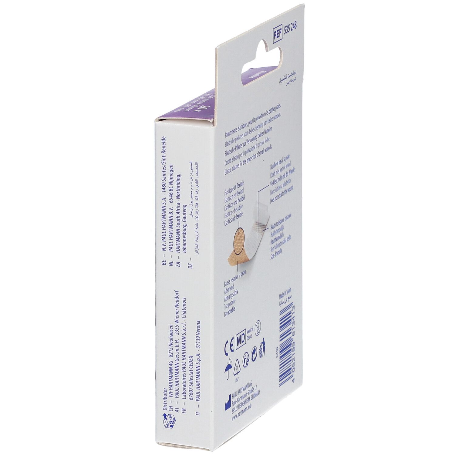 Vue latérale de la boîte de pansements DermaPlast® Flexible. Informations produit, marquage CE.