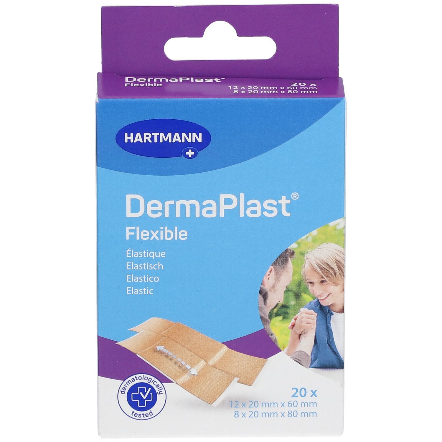 Boîte de pansements DermaPlast® Flexible. 20 pièces, dimensions. Marque Hartmann.