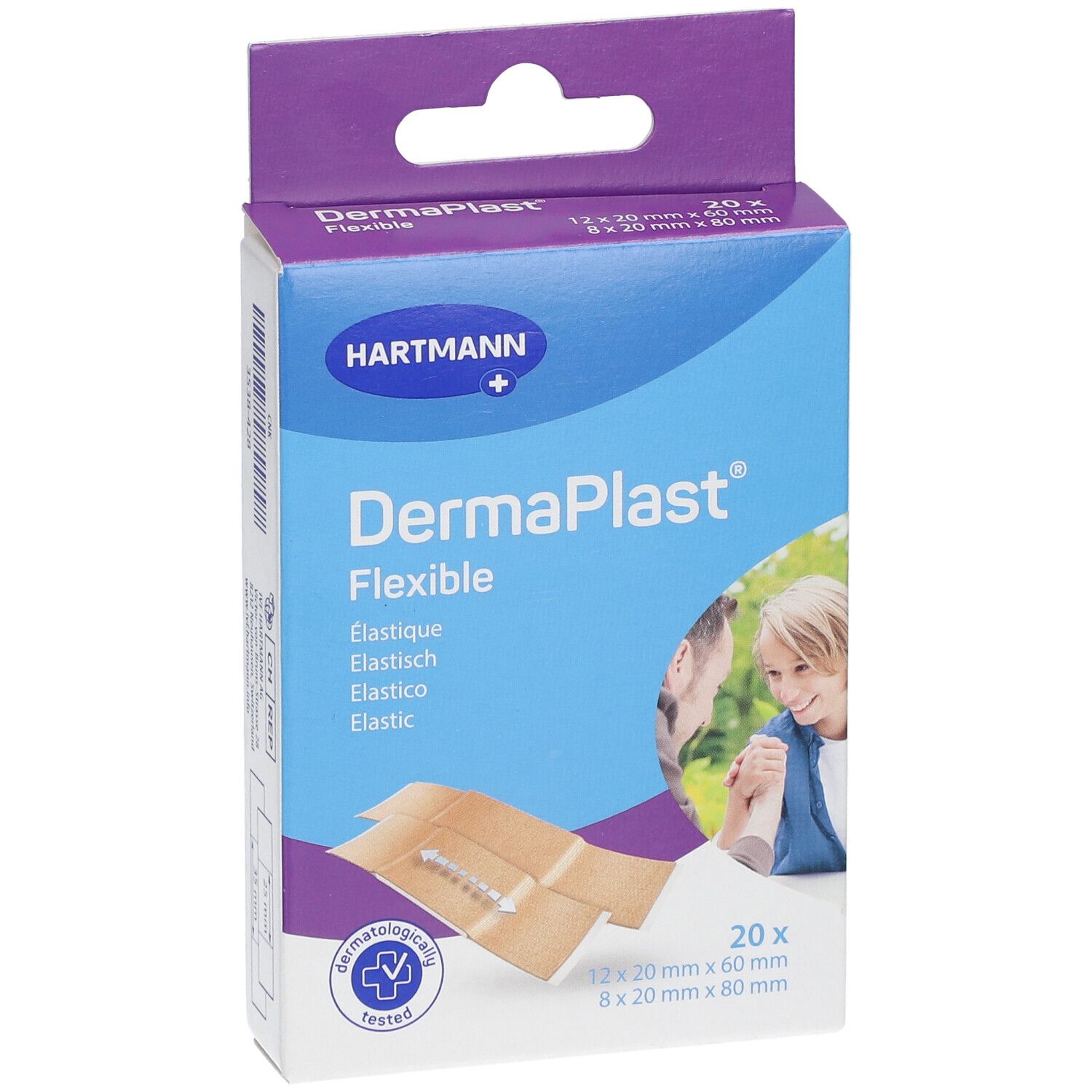 Boîte de pansements DermaPlast® Flexible. 20 pièces, dimensions. Marque Hartmann.